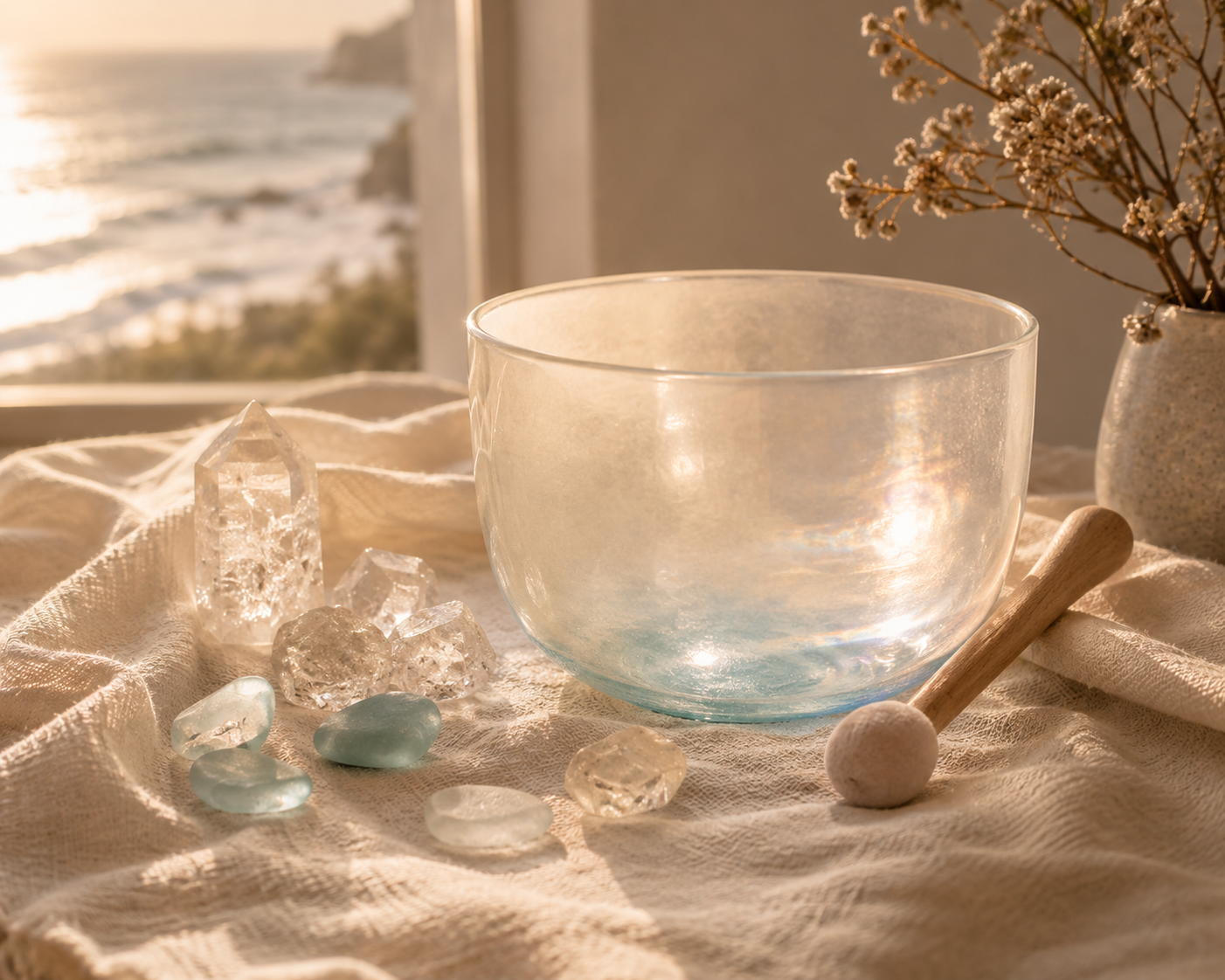 A crystal singing bowl with clear quartz and sea-glass crystals on soft linen, with ocean light streaming through a nearby window.