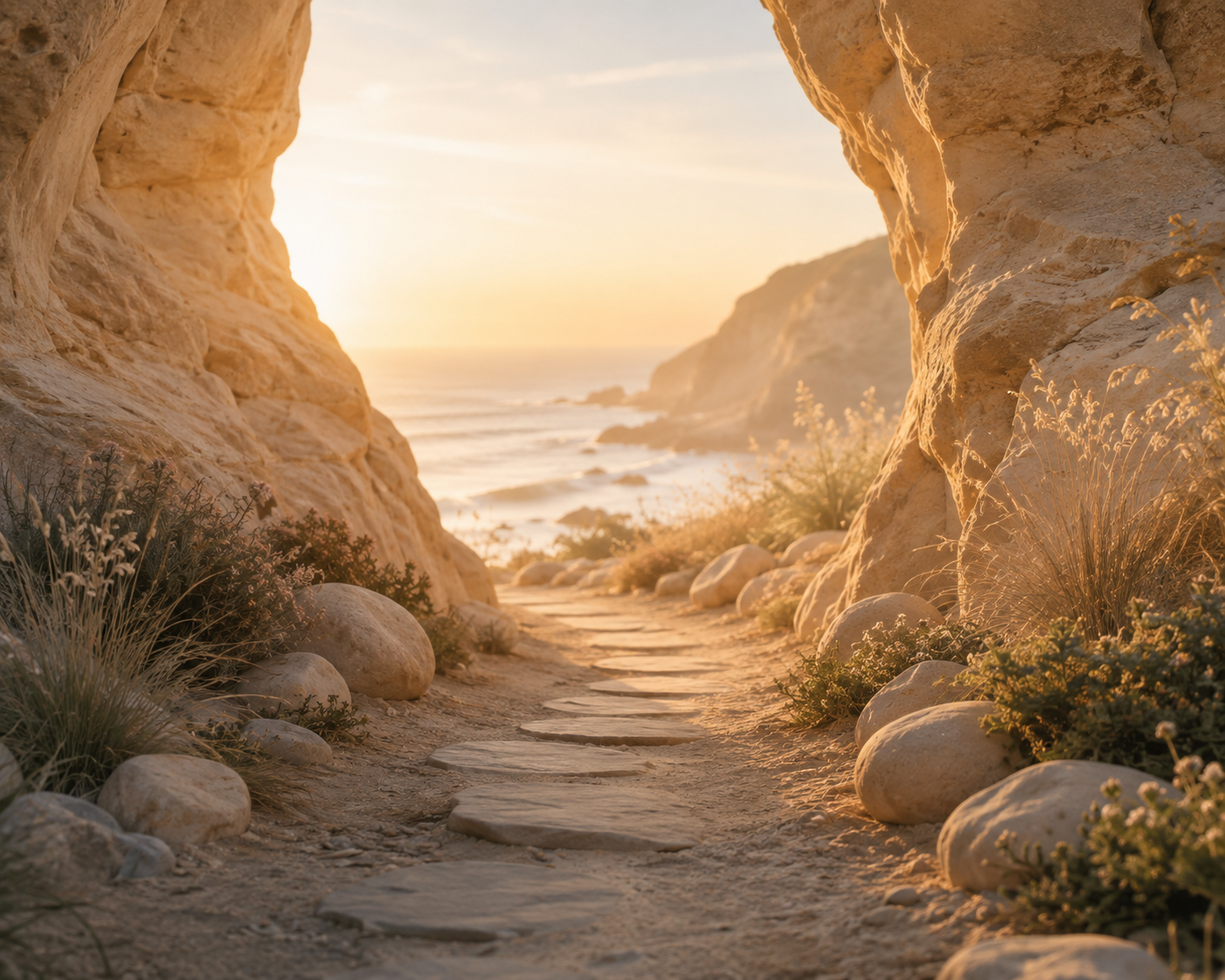 A stone path winding between coastal cliffs toward the ocean at golden hour, representing deep transformation and the way forward.