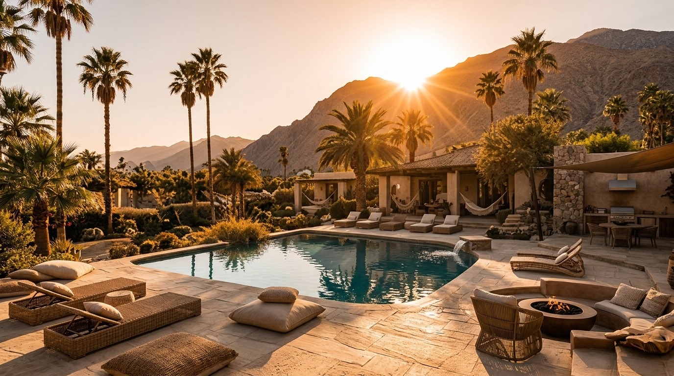 Coachella Valley sunset poolside healing retreat setting