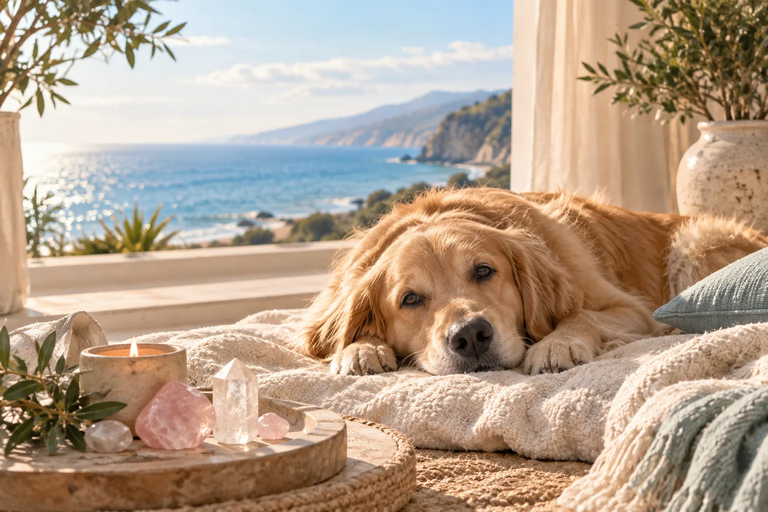 A crystal bowl, rose quartz and amethyst, and a soft pet bed in warm sunlight, representing spiritual healing for animals.