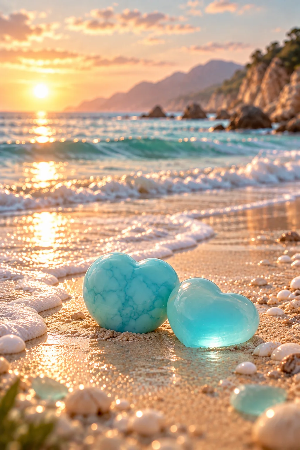 Smooth stones and sea glass on warm sand at sunset, representing calm love and steady relationships.