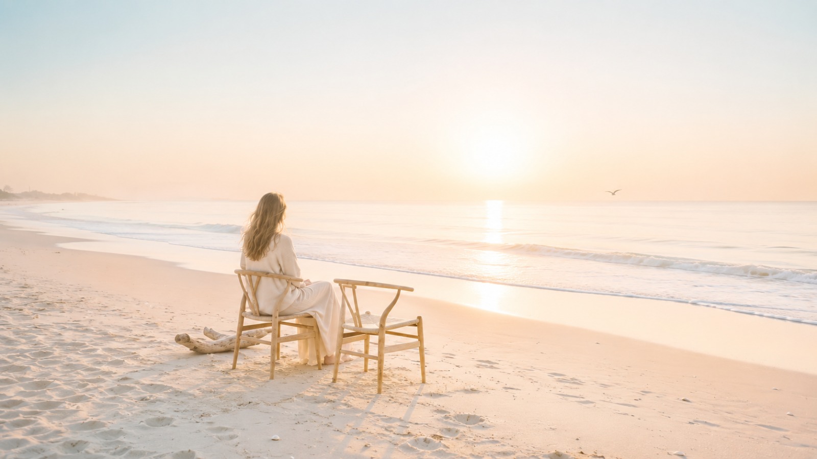 Woman seated on a quiet beach at sunrise