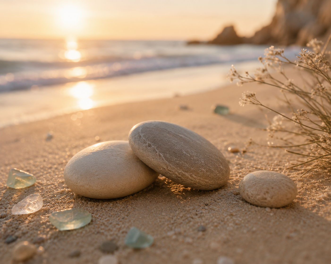 Smooth stones and sea glass on warm sand at sunset, representing calm love, steady relationships, and grounding energy.
