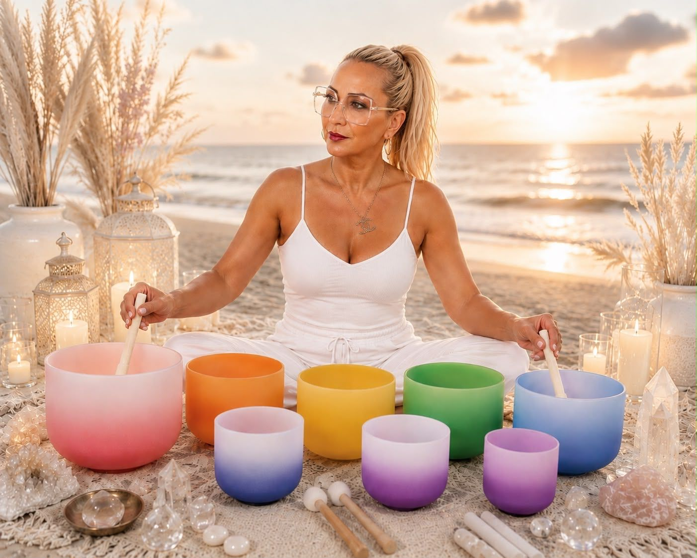 Dolly Phillips seated on a beach at sunset in white, surrounded by a full set of colorful chakra crystal singing bowls, candles, crystals, and lanterns.