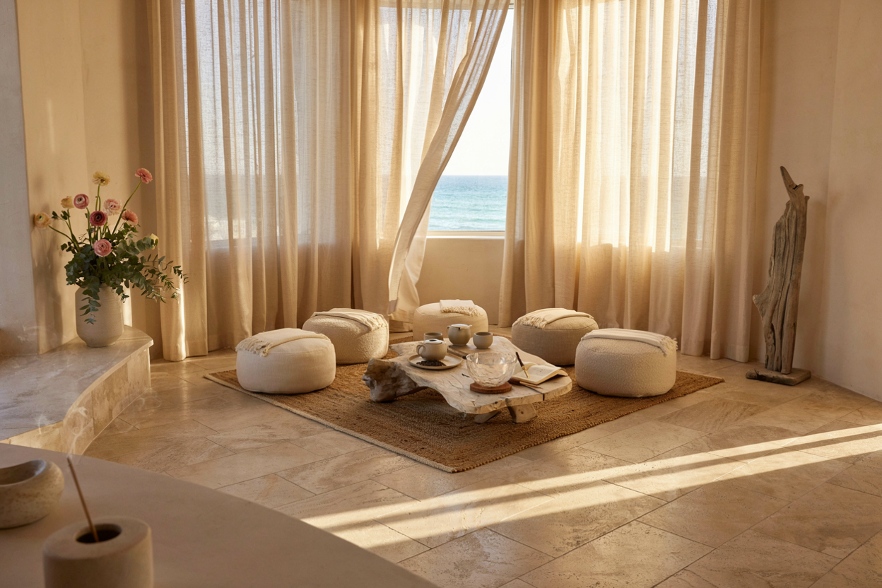 A sunlit coastal retreat room with low seating, tea, and sheer curtains overlooking the ocean, deep healing support