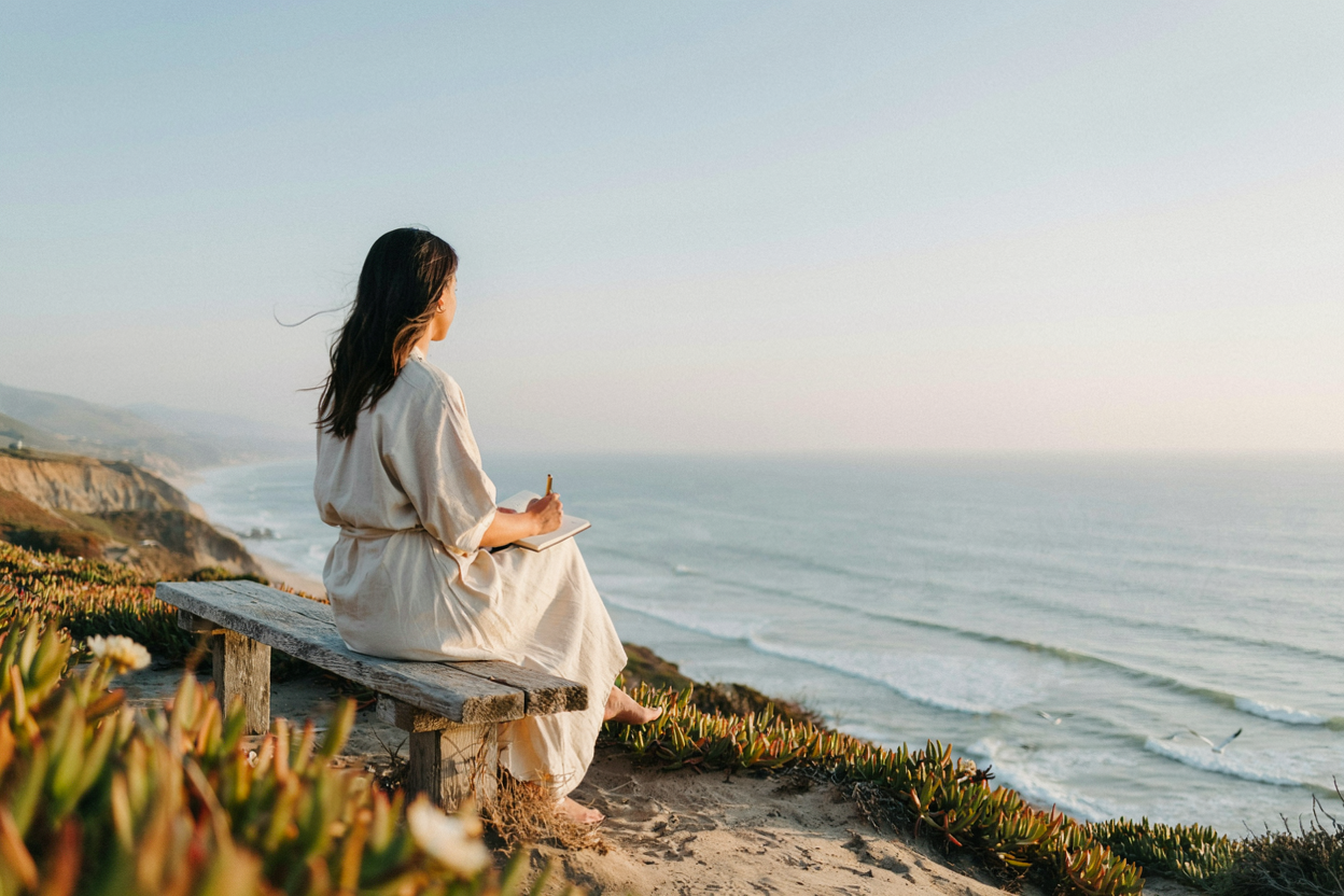 A woman in a flowing cream dress journaling on a coastal cliff at sunset, representing deep private healing and self-reflection.
