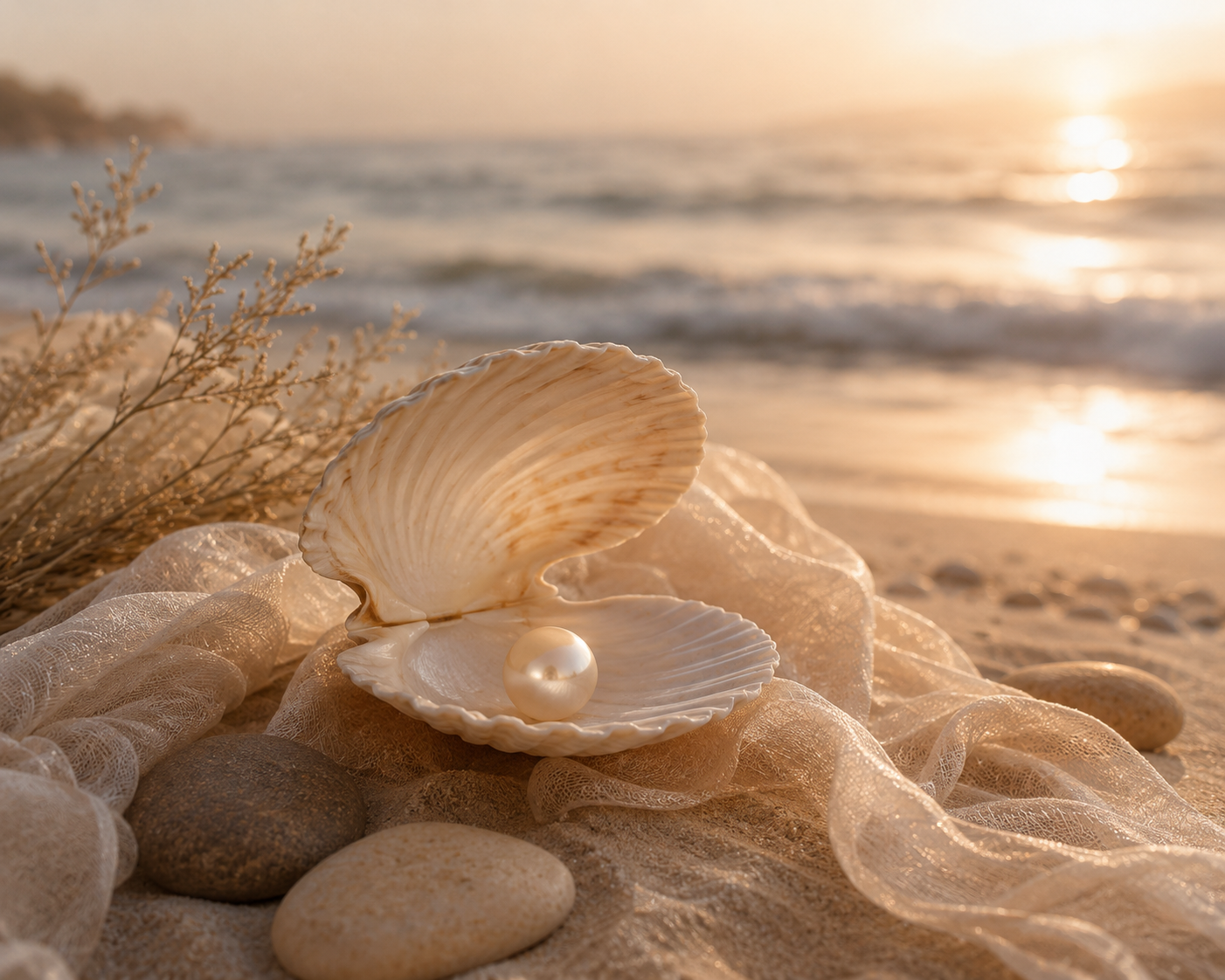 An open scallop shell cradling a luminous pearl on a sandy beach at golden hour, with sheer fabric and soft waves, representing the soul beneath the story.