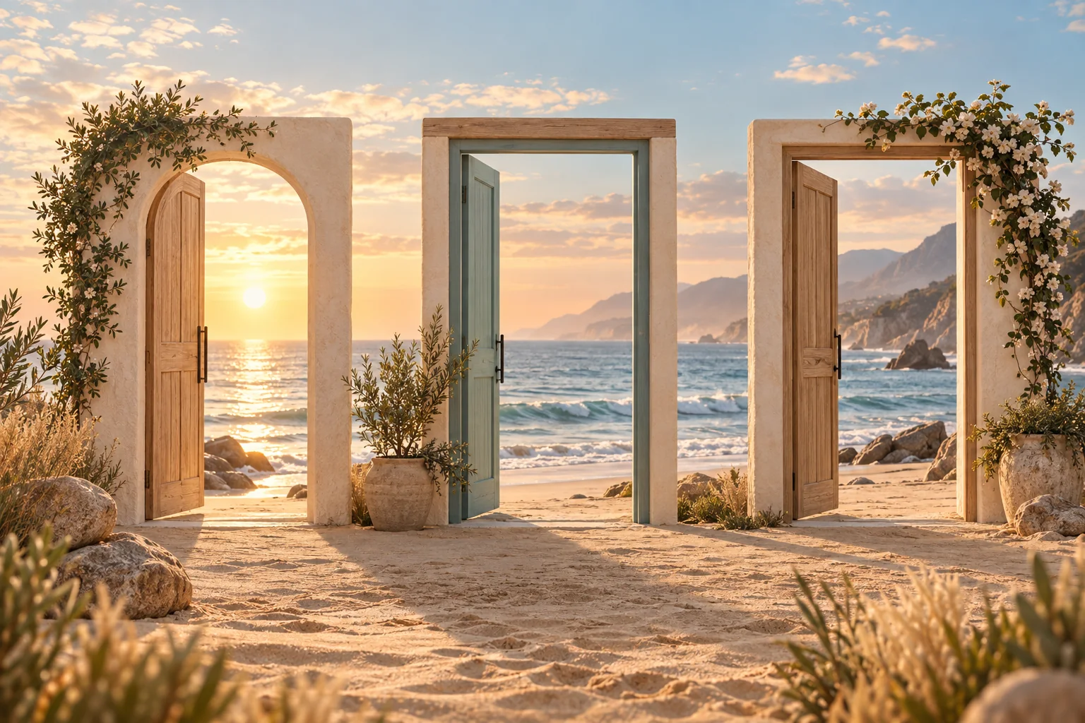 Three weathered wooden doorways standing on a quiet beach at sunset, representing three possible paths.