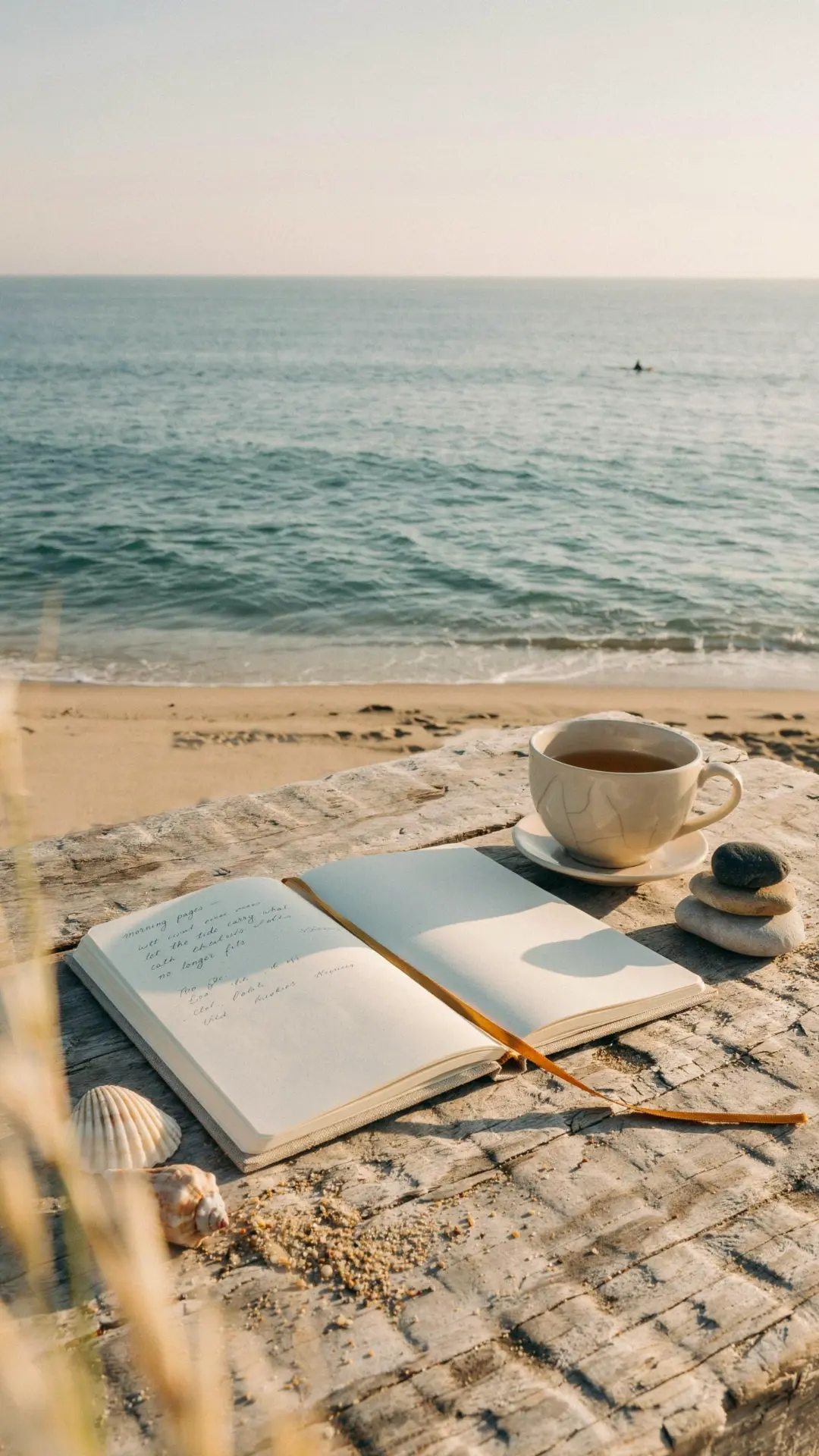 Open journal and a warm cup of tea on a sunlit beach, representing a clarity session.