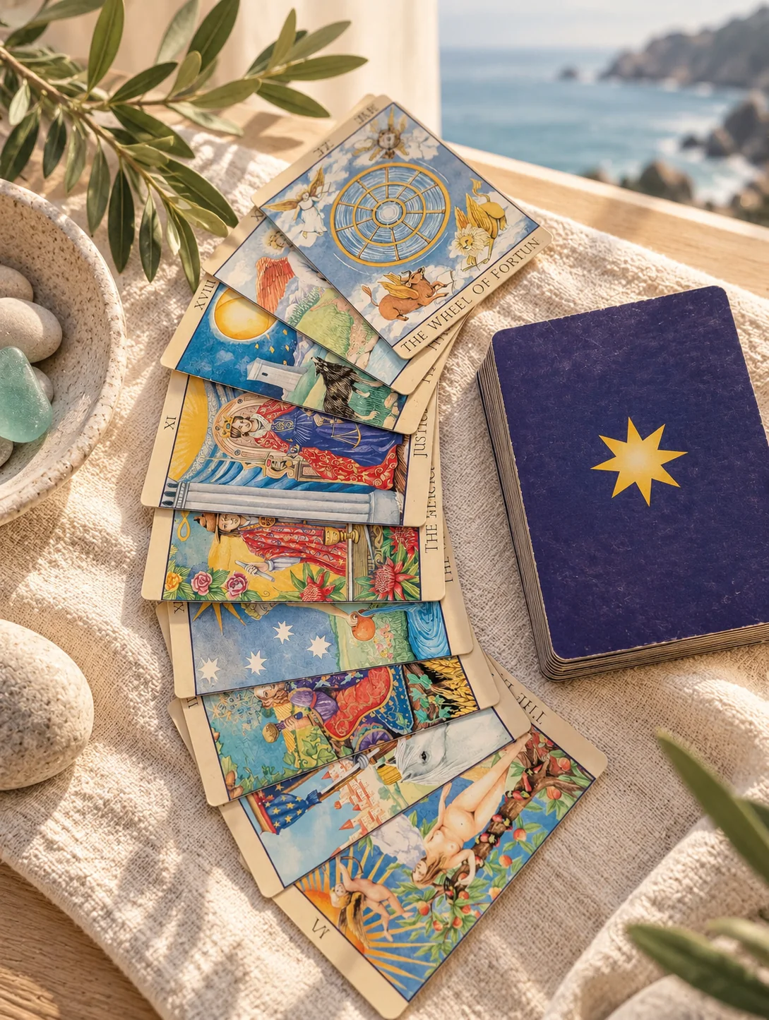 Hands holding tarot cards at sunset by the ocean, representing intuitive tarot guidance.