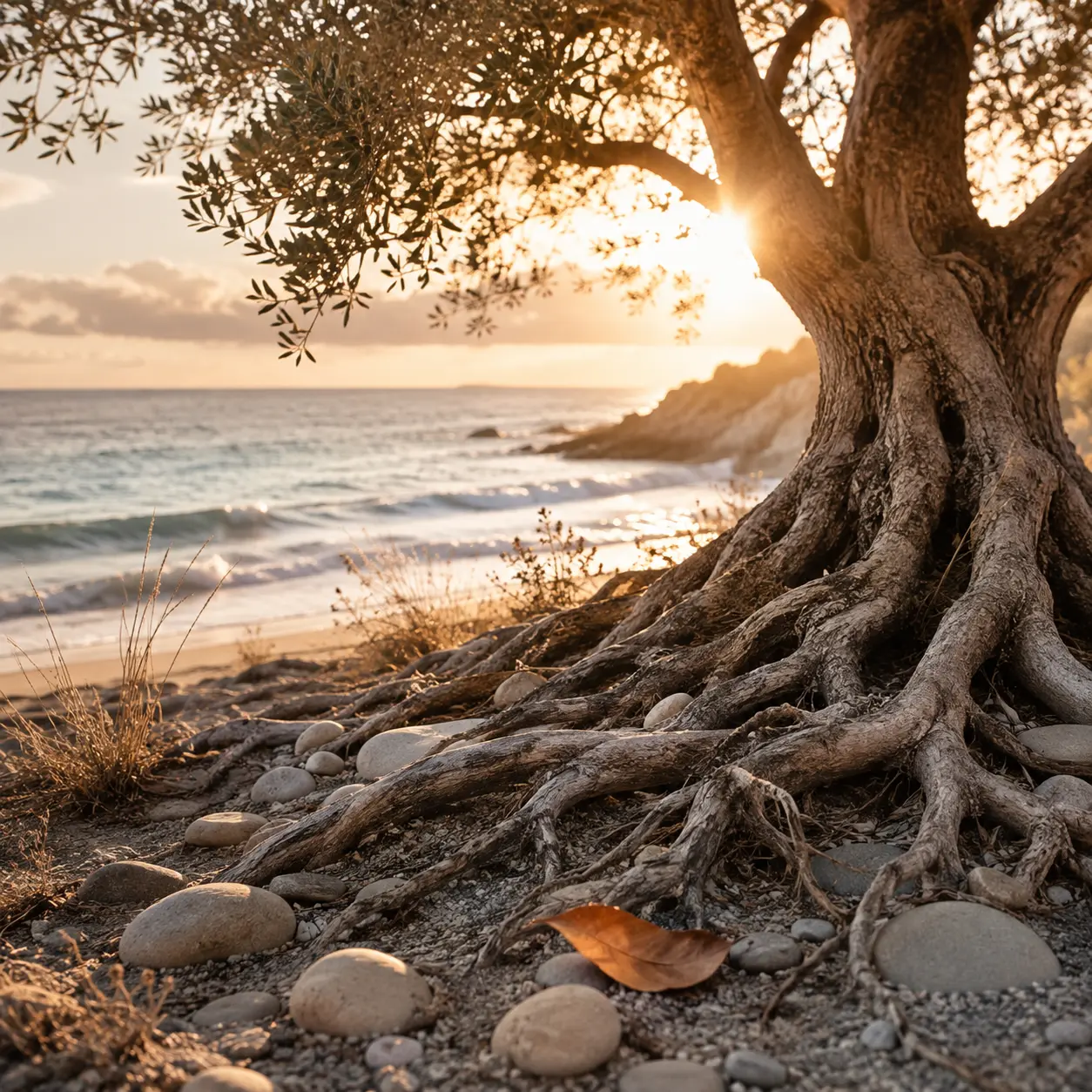 An ancient olive tree with deep exposed roots on a pebbled beach at sunset, representing emotional maturity and grounded growth.