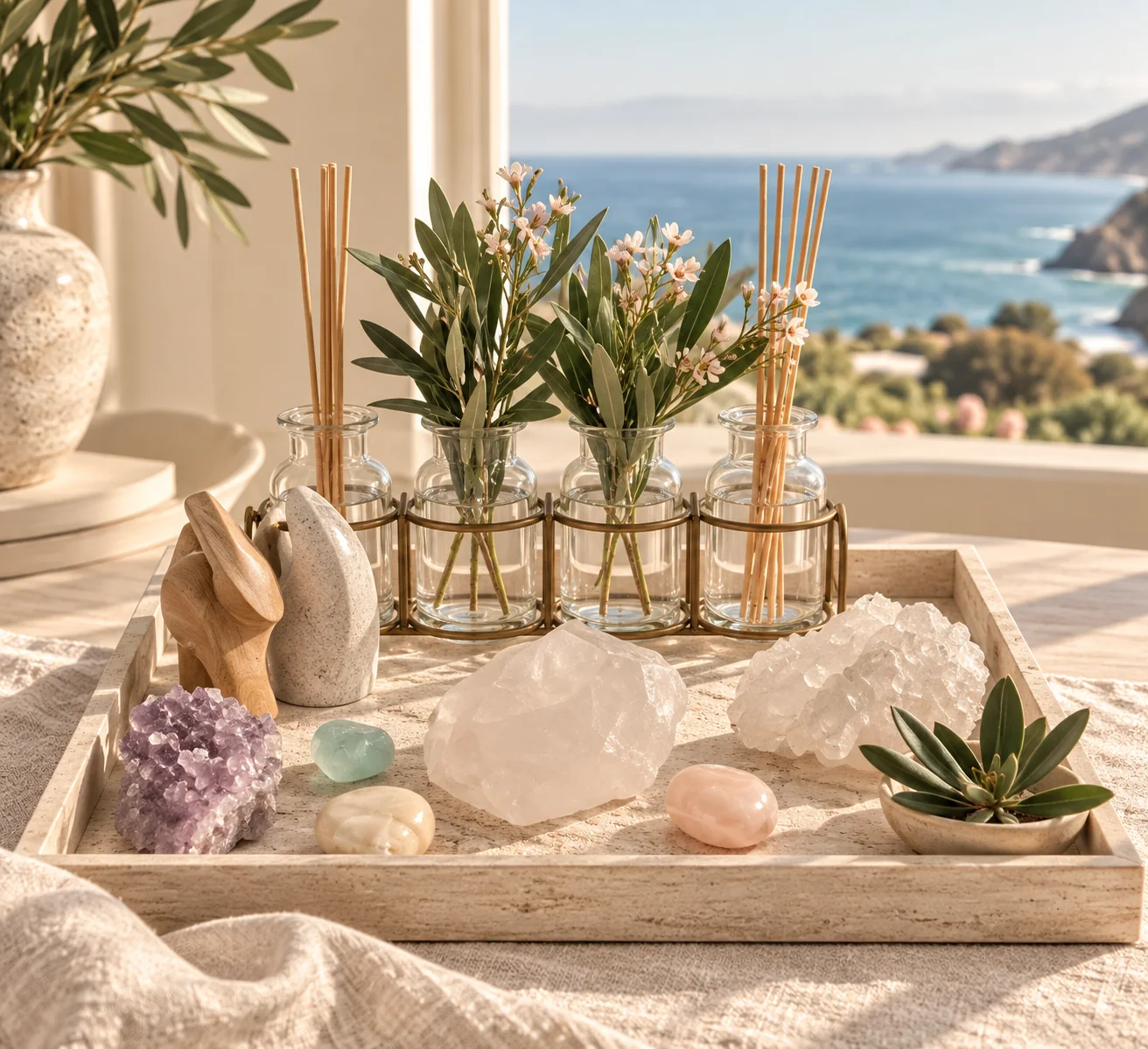 Crystals, flowers, and spiritual healing tools arranged by a coastal window