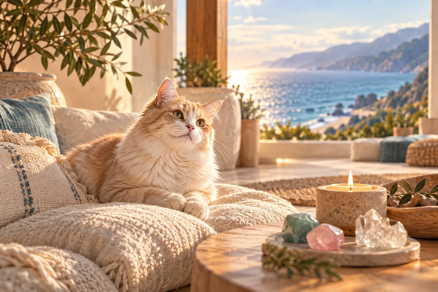 A soft blanket, pet collar, candle, and crystals in warm sunlight, representing an intuitive pet reading.