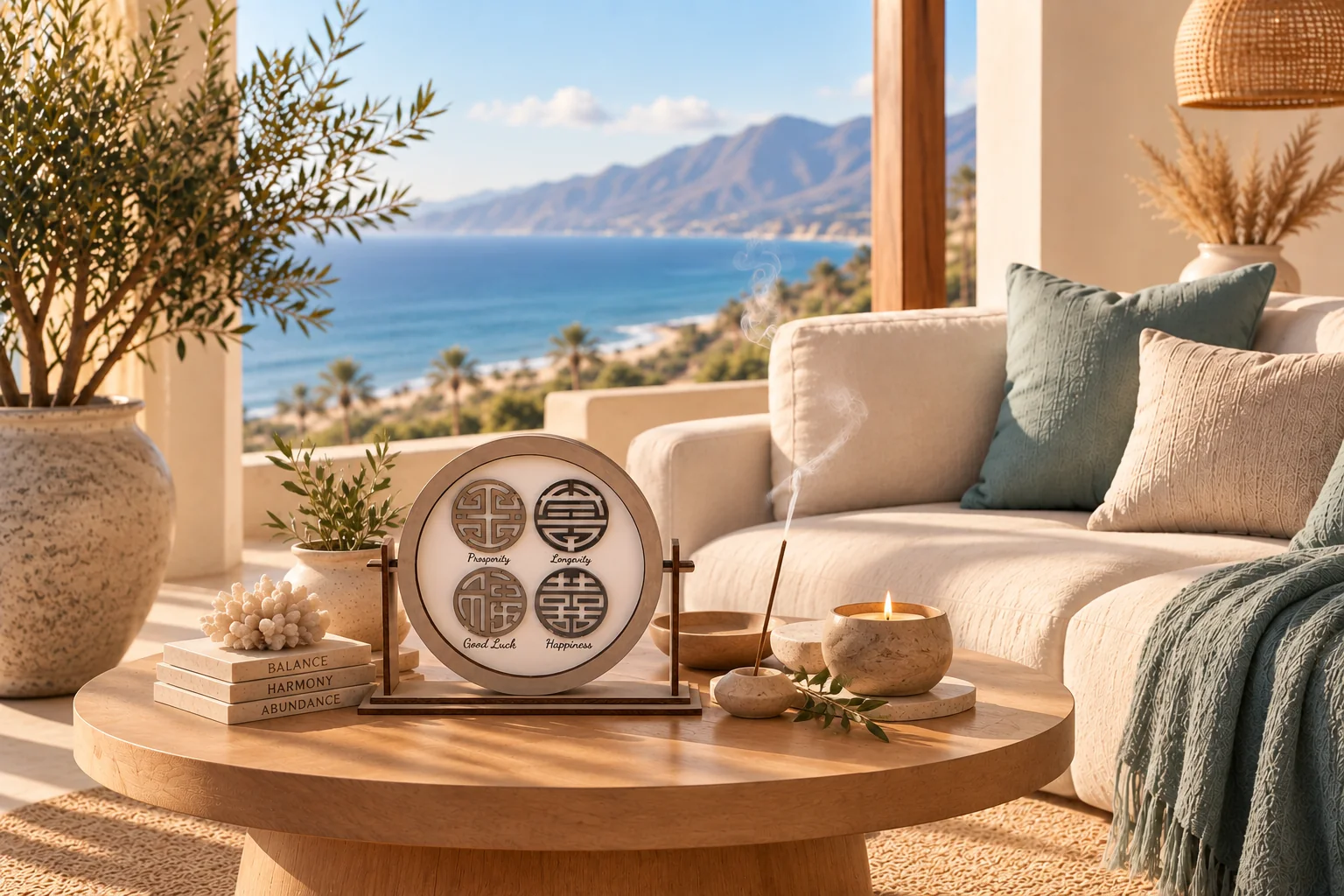 A sunlit living room corner with a plant, crystals on a shelf, and balanced furniture, representing feng shui home harmony.