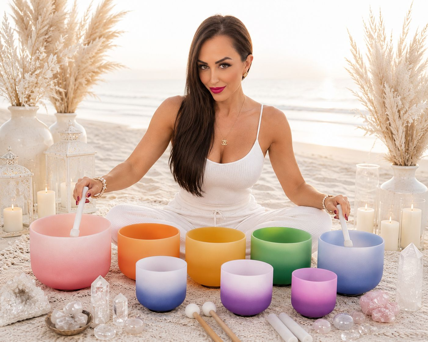 Dolly Phillips seated on a sandy beach at sunset with a full set of colorful crystal singing bowls, crystals, candles, and pampas grass in a serene healing arrangement.