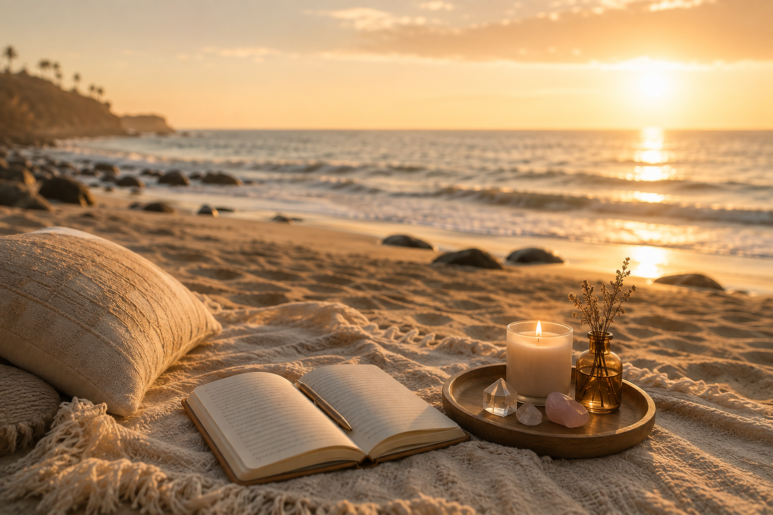 An open journal, lit candle, and crystals arranged on a cream blanket at sunset by the ocean, inner healing and relationship foundations program