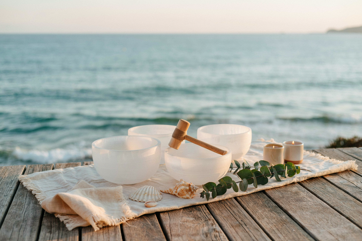 Crystal singing bowls, candles, shells, and eucalyptus arranged on a weathered wooden dock by the ocean at sunset.