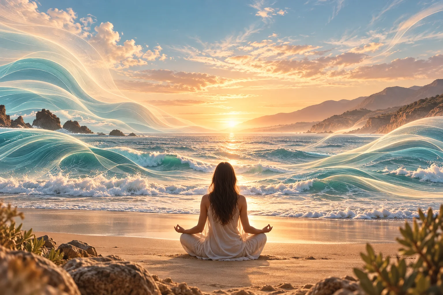 Woman in a flowing white dress on a beach at sunset, representing the Discovery Month.