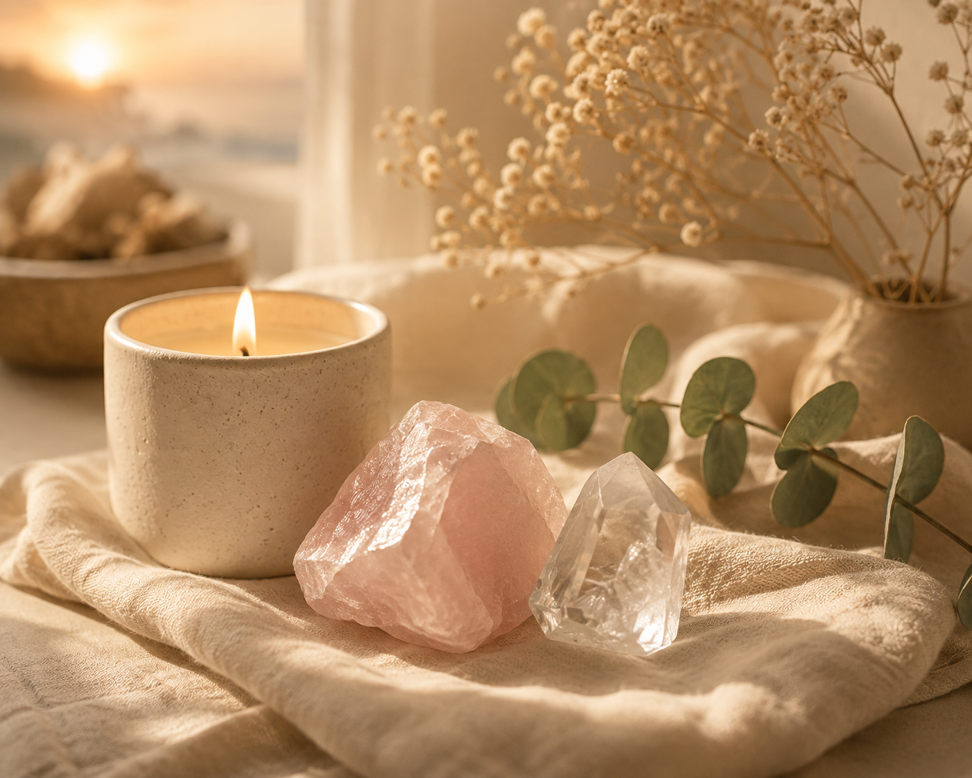 A warm, candlelit arrangement with rose quartz, clear quartz, eucalyptus, and dried flowers, representing emotional healing and self-compassion.