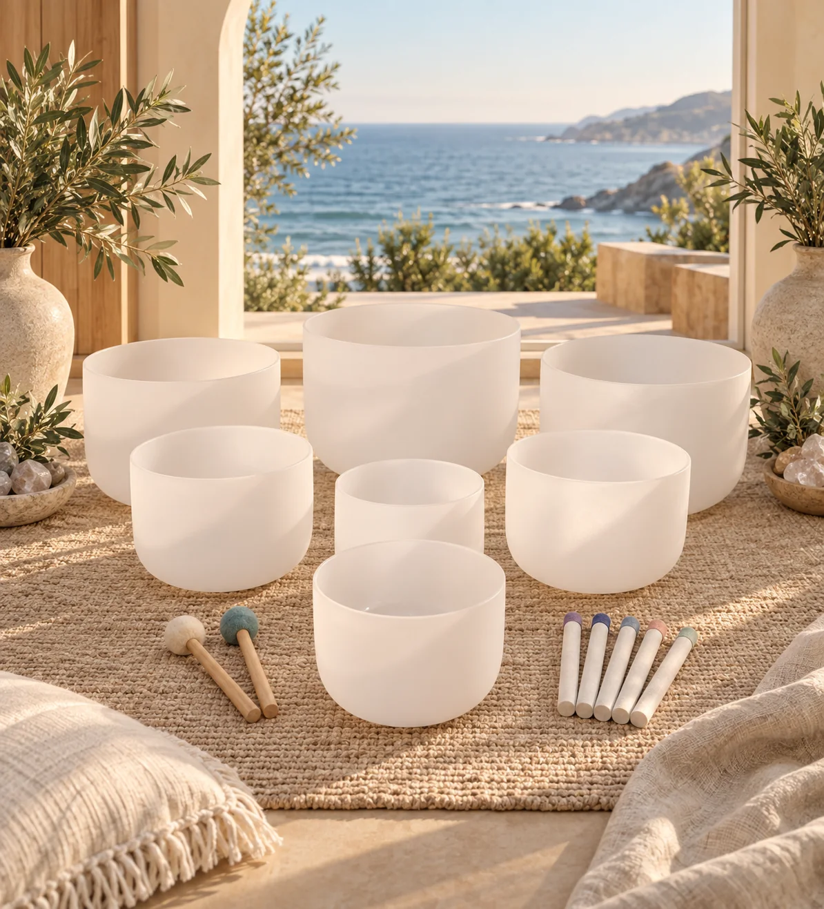 Crystal singing bowls, candles, shells, and eucalyptus arranged on a weathered wooden dock by the ocean at sunset.
