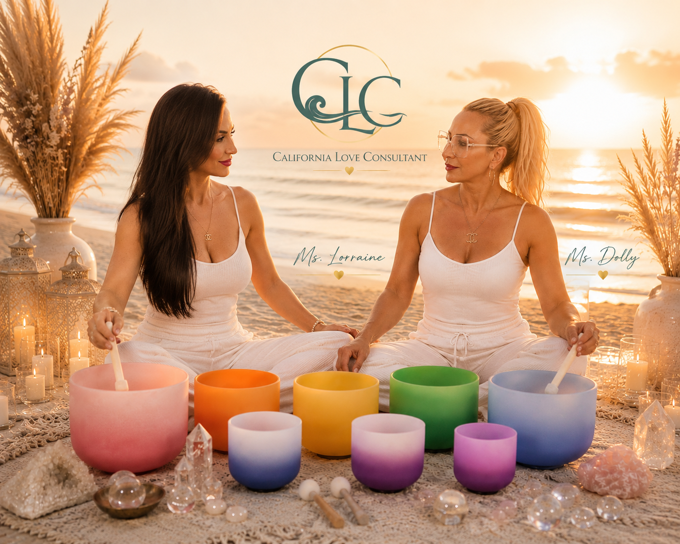 Dolly Phillips and Lorraine seated together on a beach at sunset with colorful crystal singing bowls, crystals, and pampas grass in a serene healing ritual setting.
