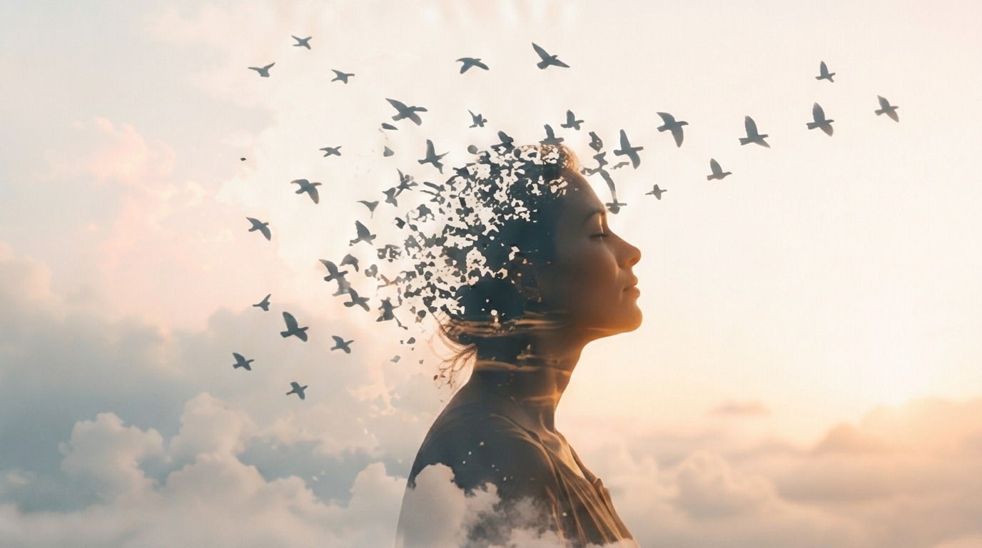 Woman in profile with birds and clouds representing inner work