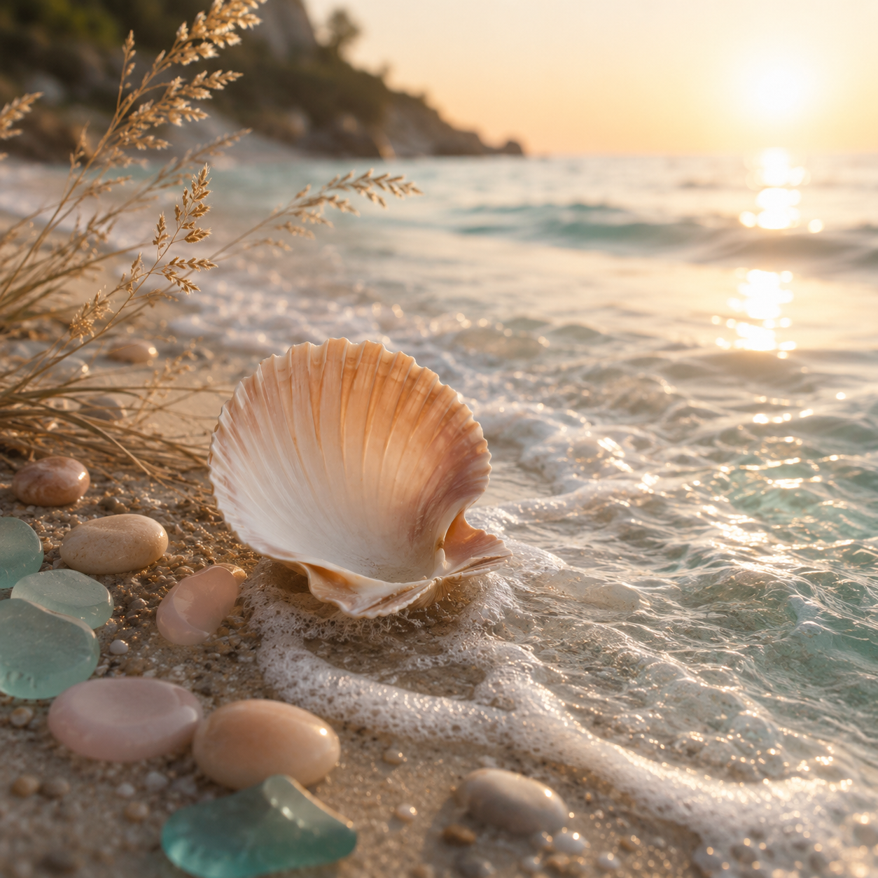 A scallop shell resting on the sand with sea glass and smooth stones as gentle waves come in at sunset.