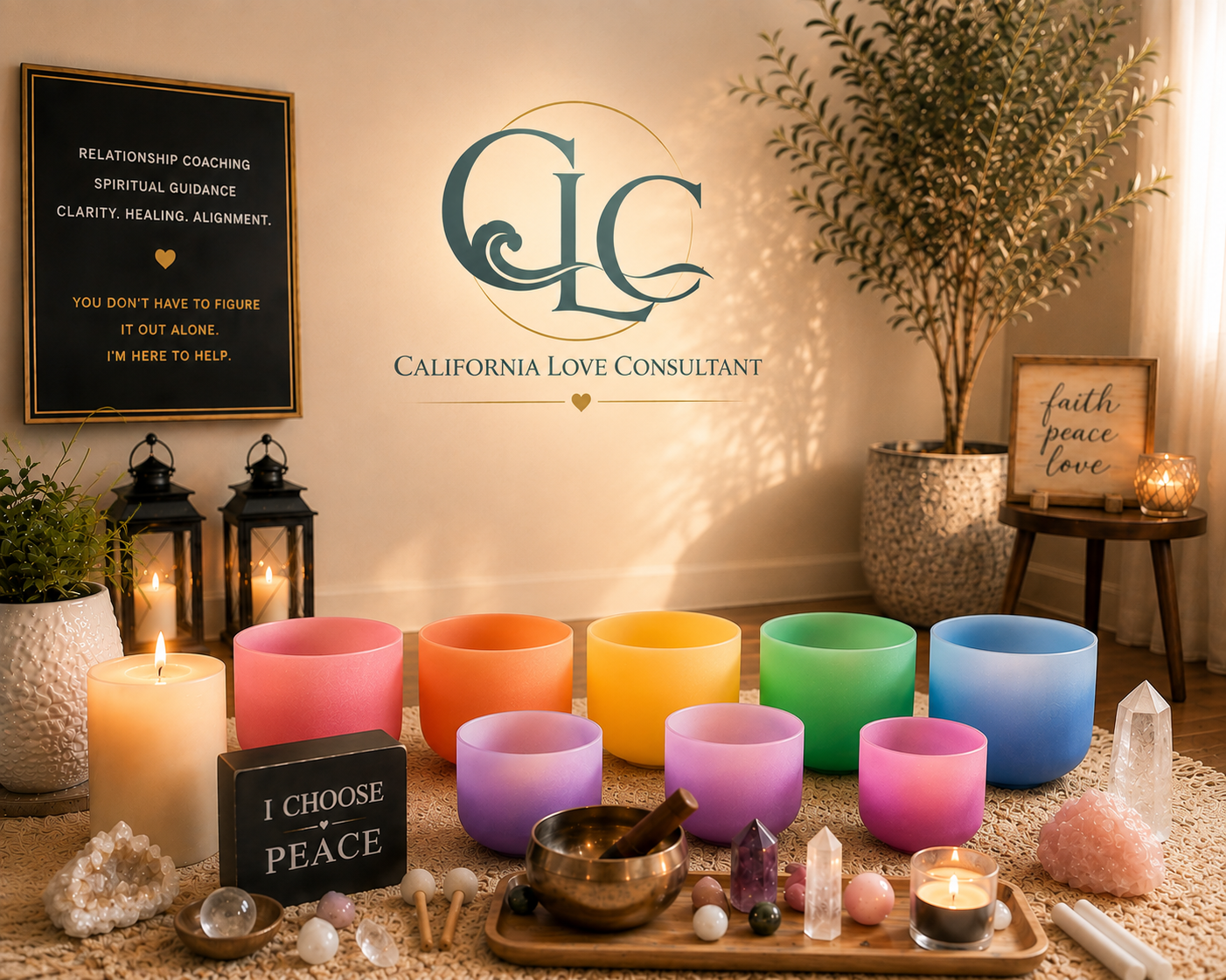 A warmly lit indoor healing room with the California Love Consultant seal, colorful crystal singing bowls, candles, crystals, and inspirational signs for faith, peace, love, and choosing peace.