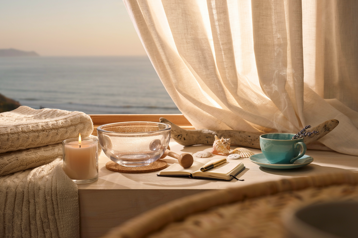 A serene coastal windowsill with a candle, singing bowl, journal, teal teacup, and seashells overlooking the ocean, gentle reset package