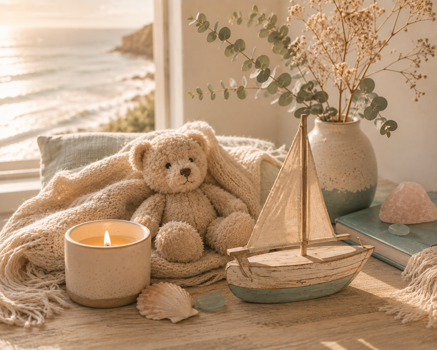 A soft teddy bear, lit candle, wooden sailboat, and seashells on a sunlit table by the ocean, representing inner child healing.