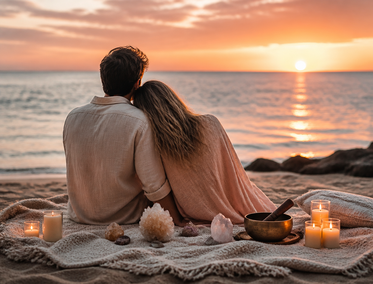 A couple sitting together on a beach at sunset with candles, crystals, and a singing bowl, representing private relationship transformation intensive support.
