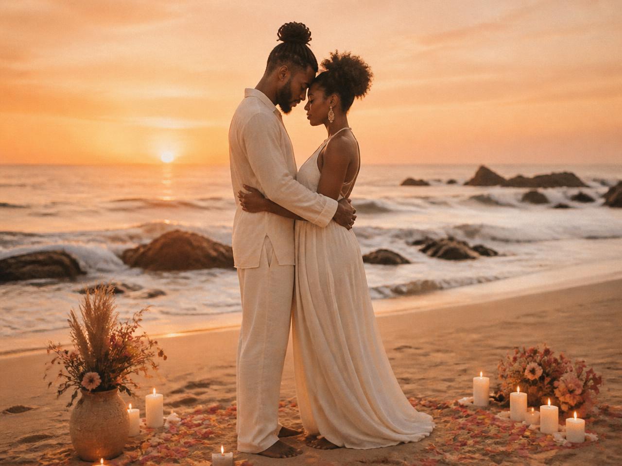 A Black couple in cream linen resting their foreheads together on a candlelit beach at sunset during a sacred union ceremony