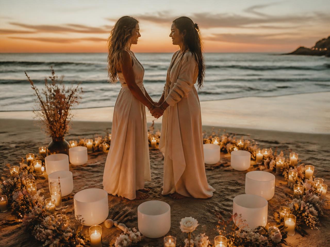 Two women partners holding hands inside a candlelit circle of crystal singing bowls on the sand at dusk