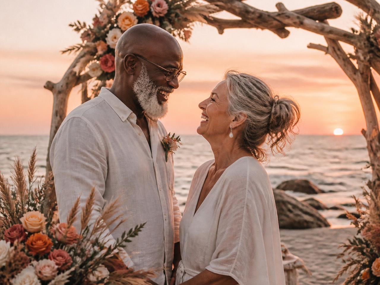 An older interracial couple laughing together beneath a driftwood floral arch at a sunset beach ceremony