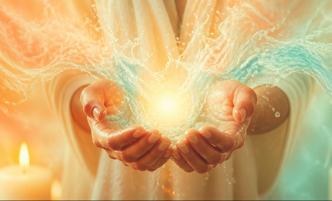Open hands cupping warm golden light and soft ocean energy, representing emotional release and energetic transformation.