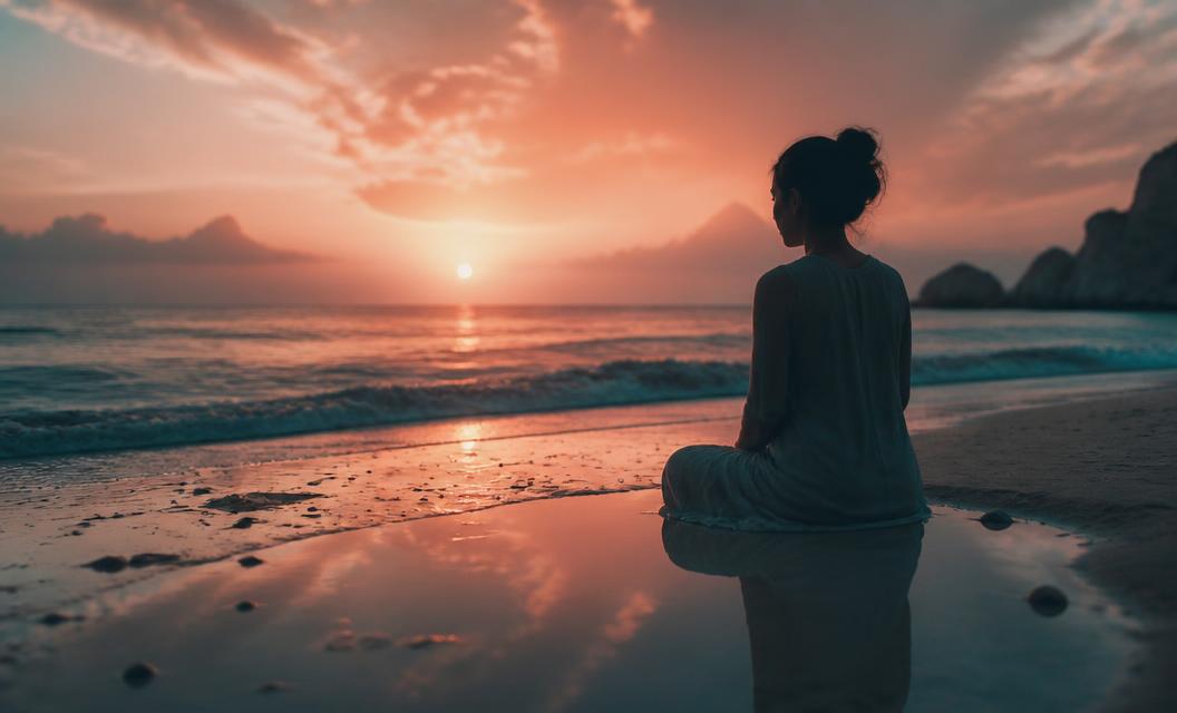 A figure seated in meditation at the water's edge at sunset, representing shadow work and subconscious discovery.