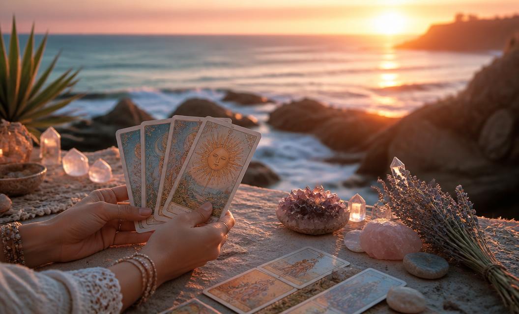 Hands holding tarot cards at sunset by the ocean, representing intuitive tarot guidance for clarity, direction, and life path insight.
